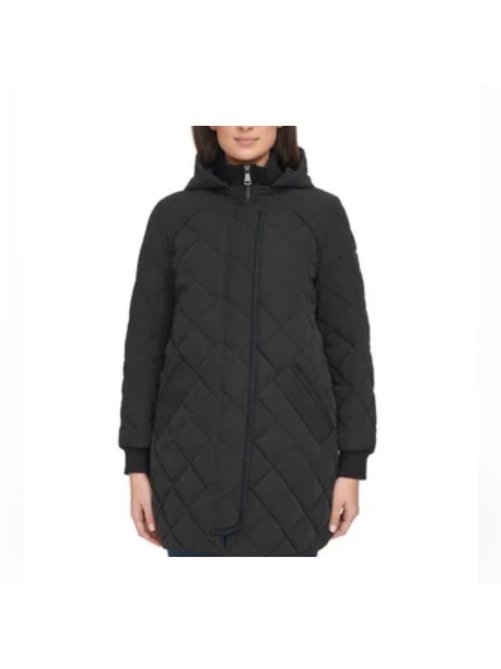 DKNY Black Quilted Hooded Puffer Coat